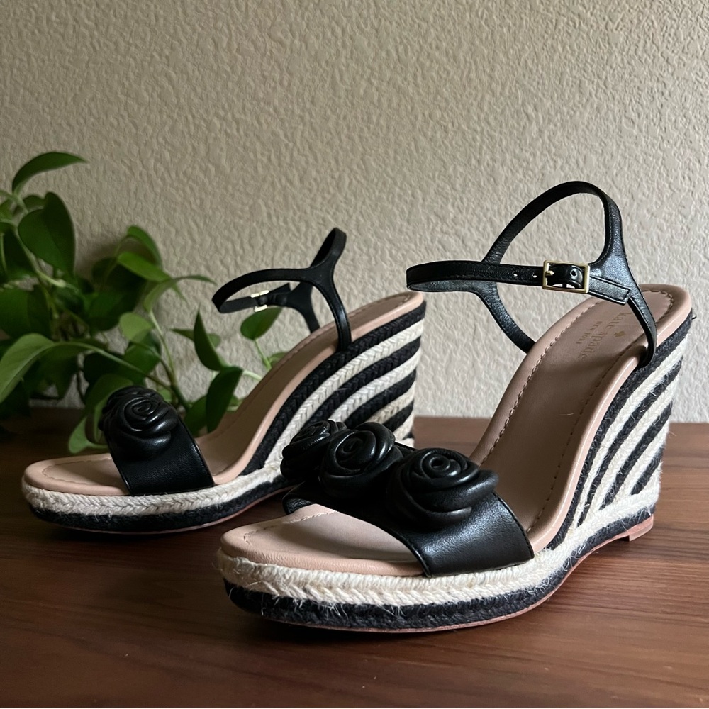 Kate Spade New York Jill Rosette Black Cream Espadrille Platform Wedge Sandals